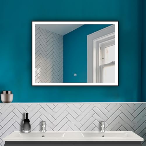 HAPAOSO LED Spiegel Schwarzer Rahmen Badspiegel 90X70cm mit Warm/Neutral/Kaltweiß Dimmbar Memory Touch/Wandschalter Beschlagfrei Wandspiegel 1 Hour automatische Abschaltung von HAPAOSO