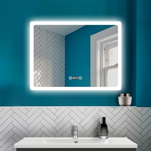HAPAOSO LED Spiegel mit 3 Lichtfarbe Dimmbar Badspiegel mit Beschlagfrei Badzimmerspiegel Wandspiegel mit Uhr Speicherfunktion Horizontal Installation CRI 90+ von HAPAOSO