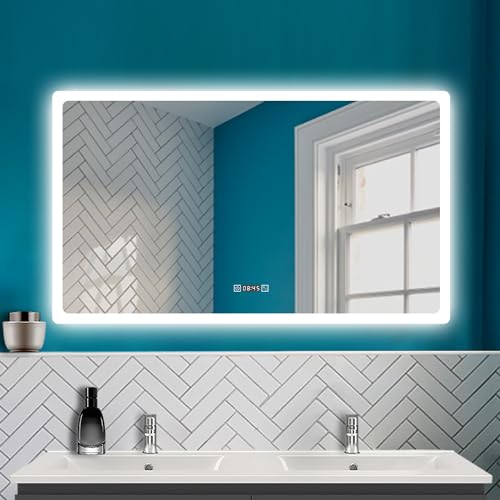 HAPAOSO LED Spiegel mit 3 Lichtfarbe Dimmbar Badspiegel mit Beschlagfrei Badzimmerspiegel Wandspiegel mit Uhr Speicherfunktion Horizontal Installation CRI 90+ von HAPAOSO