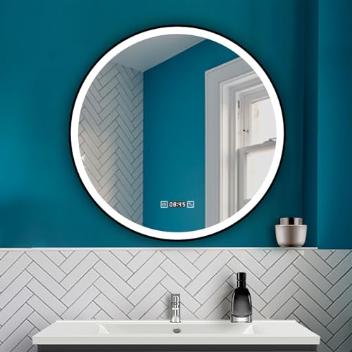 HAPAOSO LED Spiegel mit Beleuchtung Rund 70cm Badezimmerspiegel mit Uhr Beschlagfrei Wandspiegel mit Touch- und Wandschalter 3 Lichtfarbe dimmbar Speicherfunktion von HAPAOSO