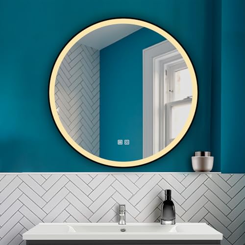 HAPAOSO LED Spiegel mit Beleuchtung Rund 80cm Badezimmerspiegel mit Beschlagfrei Wandspiegel mit Touch- und Wandschalter 3 Lichtfarbe dimmbar Speicherfunktion von HAPAOSO