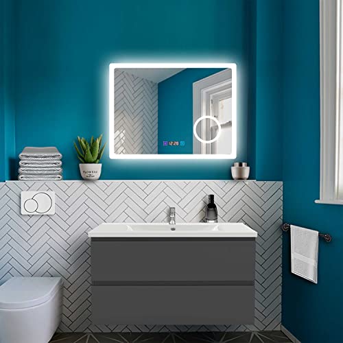 HAPAOSO Led Spiegel Bad mit Uhr Dimmbar 80 x 60 cm Kaltweiß + Neutralweiß + Warmweiß Beleuchtung Beschlagfrei 3X Vergrößerung Touch Schalter Spiegel LED für Badezimmer Horizontal IP44 Energiesparend von HAPAOSO