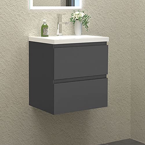 HAPAOSO Waschbecken mit Unterschrank Badezimmer 50 cm Breit Badmöbel Set mit Waschbecken und 2 Soft-Close Schubladen Waschtisch Unterschrank Grau für Badezimmer Hängend von HAPAOSO