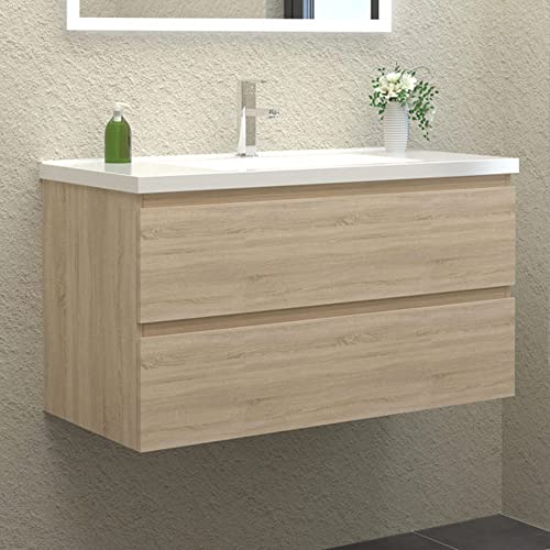 HAPAOSO Waschbecken mit unterschrank Badezimmer 100 cm Breit Badmöbel Set mit Waschbecken und 2 Soft-Close Schubladen Waschtisch Unterschrank Eiche für Badezimmer Hängend von HAPAOSO