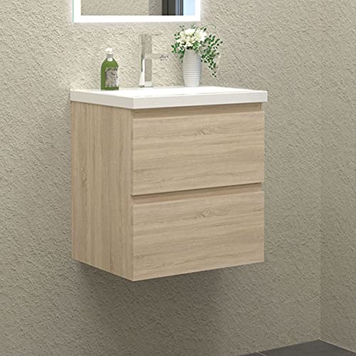 HAPAOSO Waschbecken mit unterschrank Badezimmer 50 cm Breit Badmöbel Set mit Waschbecken und 2 Soft-Close Schubladen Waschtisch Unterschrank Eiche für Badezimmer Hängend von HAPAOSO