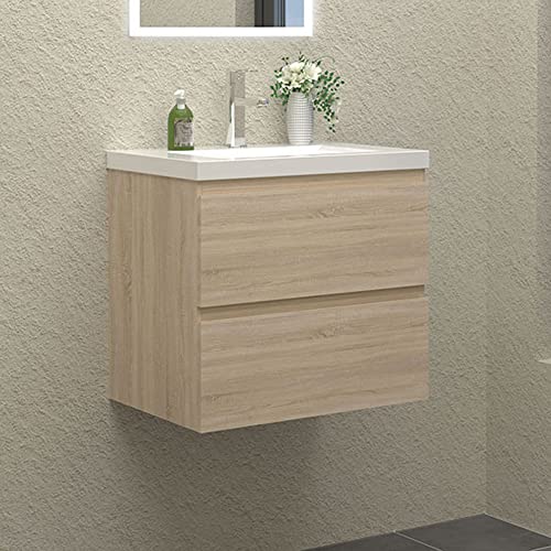 HAPAOSO Waschtisch mit Unterschrank 50 cm Breit Eiche Badmöbel Set Hängend 2 Soft-Close Schubladen MDF-Platte von HAPAOSO
