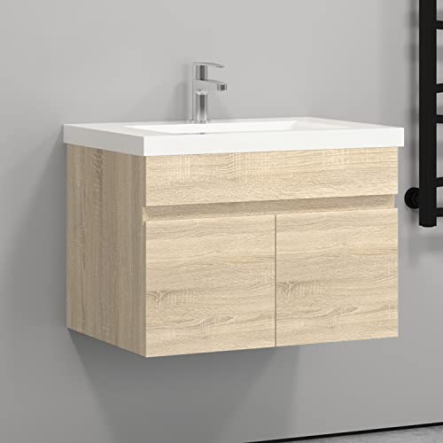 HAPAOSO Waschtisch mit Unterschrank 60 cm Breit Eiche Badmöbel Set Hängend 2 Soft-Close Türe MDF-Platte von HAPAOSO