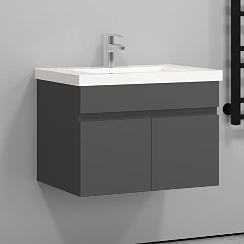 HAPAOSO Waschtisch mit Unterschrank 60 cm Breit Grau Badmöbel Set Hängend 2 Soft-Close Türe MDF-Platte von HAPAOSO
