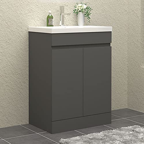 HAPAOSO Waschtisch mit Unterschrank 60 cm Breit Stehend Grau Badmöbel Set 2 Soft-Close Türe MDF-Platte von HAPAOSO