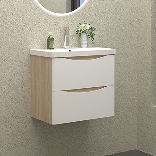 HAPAOSO Waschtisch mit Unterschrank 60 cm Breit Weiss + Holzfarbe Badmöbel Set Hängend 2 Soft-Close Schubladen MDF-Platte von HAPAOSO