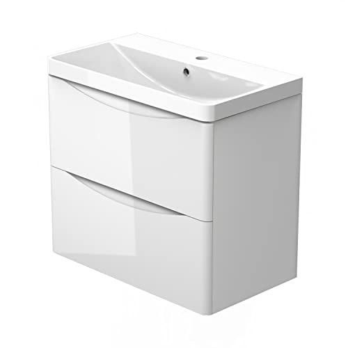 HAPAOSO Waschtisch mit Unterschrank 60 cm Breit Weiß Hochglanz Badmöbel Set Hängend 2 Soft-Close Schubladen MDF-Platte von HAPAOSO