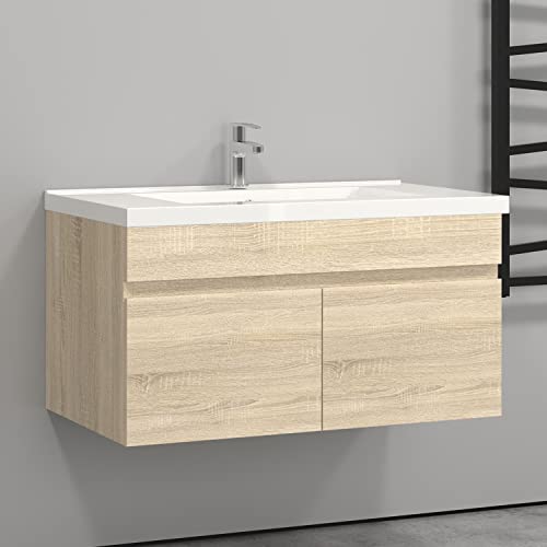 HAPAOSO Waschtisch mit Unterschrank 80 cm Breit Eiche Badmöbel Set Hängend 2 Soft-Close Türe MDF-Platte von HAPAOSO