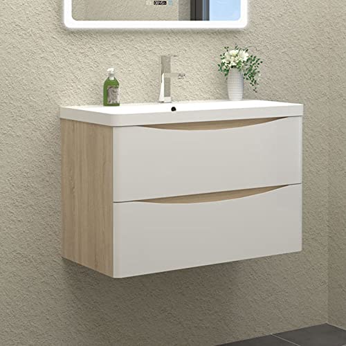 HAPAOSO Waschtisch mit Unterschrank 80 cm Breit Weiss + Holzfarbe Badmöbel Set Hängend 2 Soft-Close Schubladen MDF-Platte von HAPAOSO