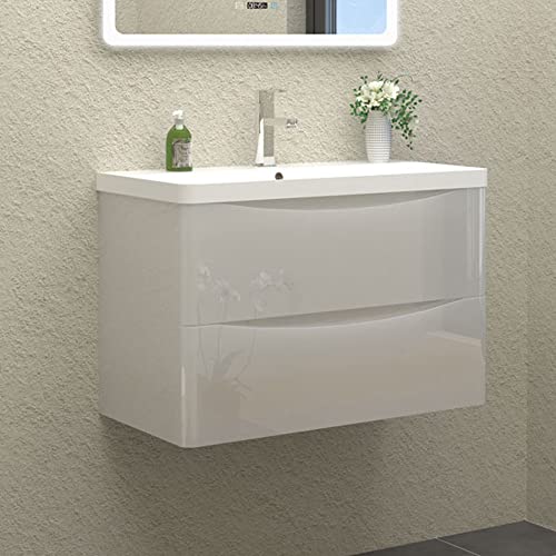 HAPAOSO Waschtisch mit Unterschrank 80 cm Breit Weiß Hochglanz Badmöbel Set Hängend 2 Soft-Close Schubladen MDF-Platte von HAPAOSO