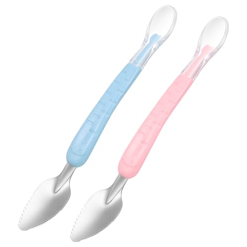 HAPINARY 2 Stück Doppelseitiger aus Edelstahl mit Ergonomischem Rutschfestem Silikongriff in Blau für Obstpüree und Babynahrung Sicher und Langlebig von HAPINARY