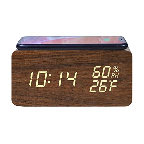HAPPMY Digitaler Wecker Holz mit Kabellosem QI-Laden,Led Digital Uhr mit 3 Alarmeinstellungen und Anzeigefunktion für Temperatur und Luftfeuchtigkeit,Geeignet für Wohnzimmer Schlafzimmer und Büros von HAPPMY