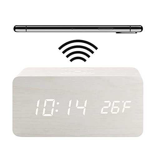 HAPPMY Holz Wecker mit Ladestation,Wecker Digital mit Thermometer, 3 Weckzeiten Digital Uhr, Tischuhr Alarm Clock Batteriebetrieben und USB(Weiß) von HAPPMY