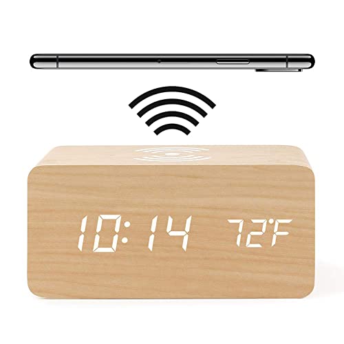 HAPPMY Holz Wecker mit Ladestation,Wecker Digital mit Thermometer, 3 Weckzeiten Digital Uhr, Tischuhr Alarm Clock Batteriebetrieben und USB(Farbe Bambusholz) von HAPPMY