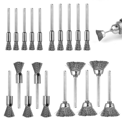 HAPPOW 20 Stück Stahlbürste Akkuschrauber, Drahtbürste Bohrmaschine Edelstahl Material, 3mm-Schaft, 4 Größen (5/6/8/15mm), Drahtbürste für Dremel, Schleifbürsten für Polieren Rostentfernung von HAPPOW