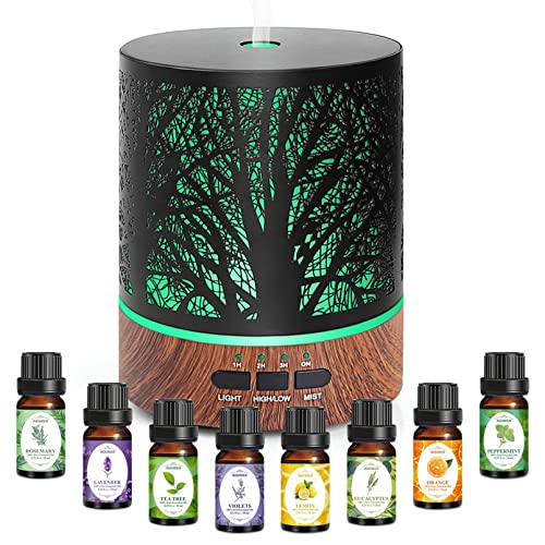 Ätherische Öl Aroma Diffuser: 300ml Metall Aromalampe Öle Diffusor 8 Set-Duft Raumbefeuchter Luft Duftlampe LED Licht Wohnung Schlafzimmer Büro,TY-500,500ML 8x10ML Essential Oil Set von HAPPTWS