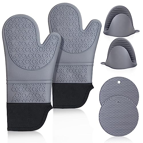 Ofenhandschuhe, Topflappen, Silikon-Set: Kochhandschuhe, hitzebeständig, extra Lange, rutschfeste Backhandschuhe, Küchen-Kochhandschuhe zum Kochen, Backen, Grillen, Männer und Frauen von HAPPTWS