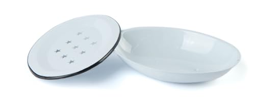 Vintage Emaille Seifenschale mit Abtropfschale | Weiß mit Schwarz | Bauernhausstil Badezimmer Schüssel | Oval 14 x 10,2 cm von HAPPY DEALS ~