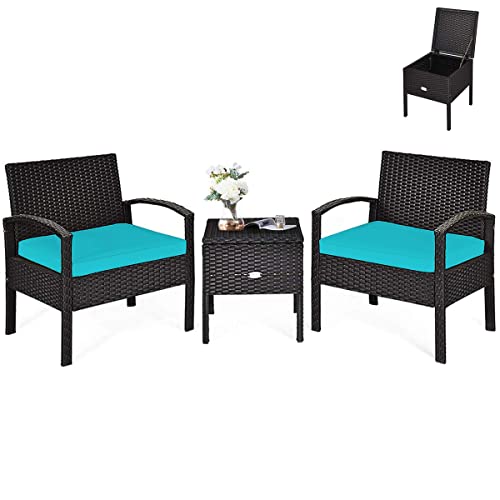 HAPPYGRILL 3-teiliges Terrassenmöbel-Set, Rattan-Geflecht-Sofa-Set mit abnehmbaren Kissen und Couchtisch, Outdoor-Gesprächs-Bistro-Stühle-Set mit Ablagetisch für Garten, Pool, Balkon von HAPPYGRILL