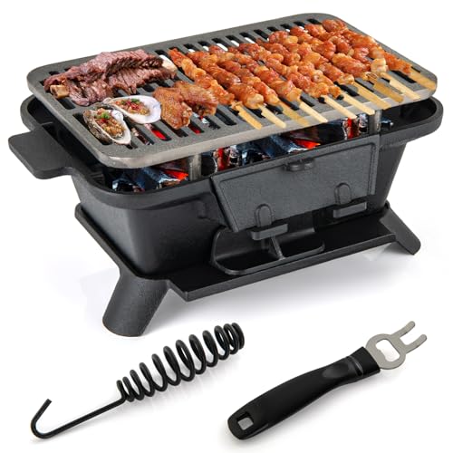 HAPPYGRILL Gusseisen Holzkohlegrill, Tragbarer Hibachi Grill mit Grill und Rosthaken, Tischplatte Japanischer BBQ Grill für Outdoor Camping, Picknick, Partys und Reisen von HAPPYGRILL