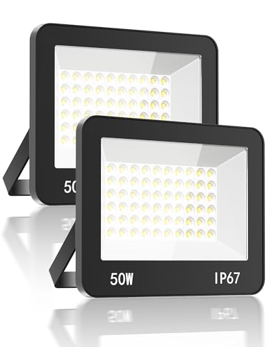 HAPYLUMI LED Strahler Außen 50W 2 Stück, 5000LM Außenstrahler Superhell Scheinwerfer 6500K Kaltweiß Aussenstrahler IP67 Wasserdicht Fluter Außenleuchte Beleuchtung für Garten Terrasse Garage von HAPYLUMI