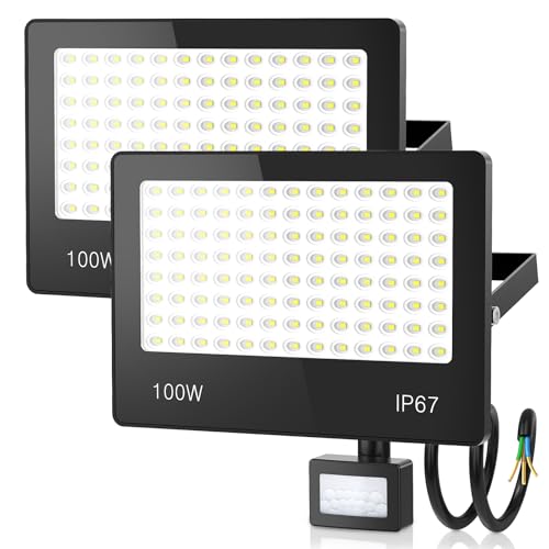 HAPYLUMI LED Strahler mit Bewegungsmelder Außen, 2 Stücke 100W 10000LM Flutlicht mit Bewegungsmelder 6500K Kaltweiß, LED Scheinwerfer Aussenstrahler IP67 Wasserdicht für Garten Garage Haus Hof von HAPYLUMI