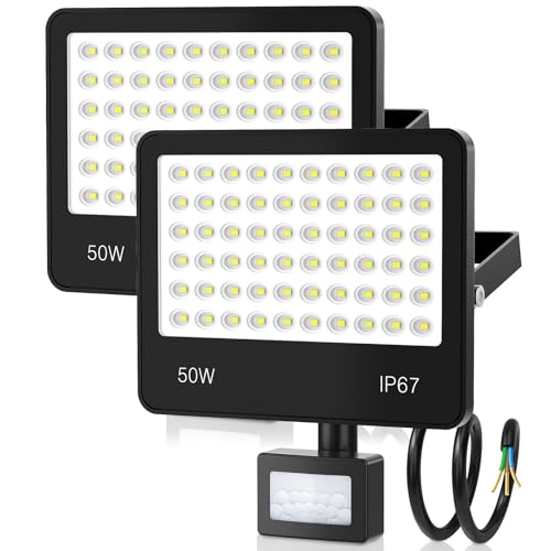 HAPYLUMI LED Fluter mit Bewegungsmelder Außen 50W, 2 Stücke 5000LM LED Strahler Aussen Flutlicht, IP67 Wasserdicht Scheinwerfer 220-240V Außenstrahler 6500K Kaltweiss für Garten Garage Haus Hof von HAPYLUMI