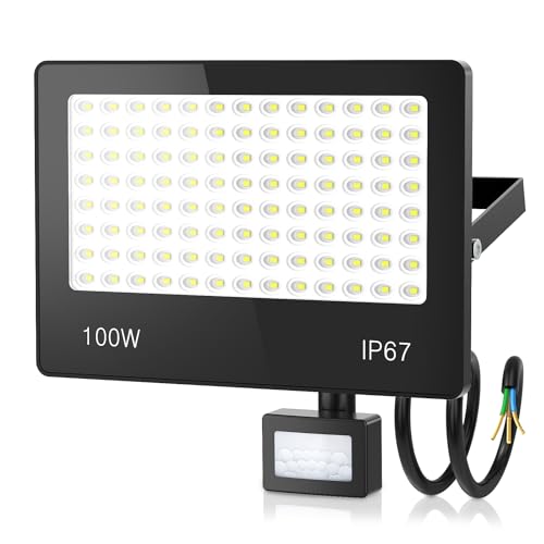 HAPYLUMI LED Strahler mit Bewegungsmelder, 100W 10000LM LED Fluter Außen IP67 Wasserdicht, 6500K Kaltweiß Scheinwerfer Aussenstrahler für Garten Garage Haus Hof von HAPYLUMI