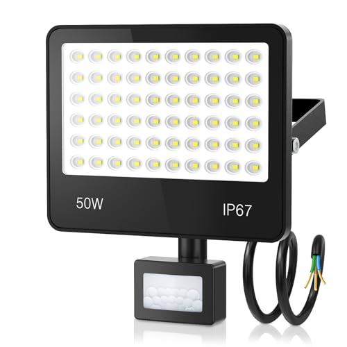 HAPYLUMI LED Strahler mit Bewegungsmelder Außen, Superhell 50W 5000LM LED Außenstrahler 6500K Kaltweiß Scheinwerfer, Außenstrahler IP67 Wasserdicht für Garten Garage Haus Hof von HAPYLUMI