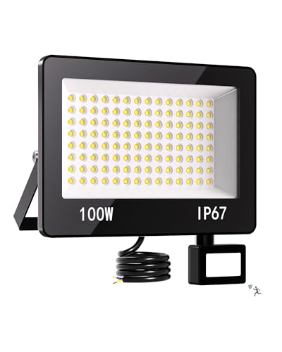 HAPYLUMI LED Strahler mit Bewegungsmelder Außen 100W, Superhell 10000LM LED Fluter mit Sensor, 6500K Kaltweiß Scheinwerfer IP67 Wasserdicht Außenstrahler für Garten Garage Innenhöfe von HAPYLUMI