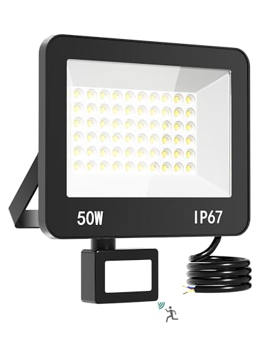 HAPYLUMI LED Strahler 50W mit Bewegungsmelder Aussen, 5000LM 6500K Kaltweiß Außenstrahler mit Sensor, IP67 Wasserdicht LED Scheinwerfer, Superhell Fluter für Garten, Innenhöfe, Garage, Fahrbahn von HAPYLUMI