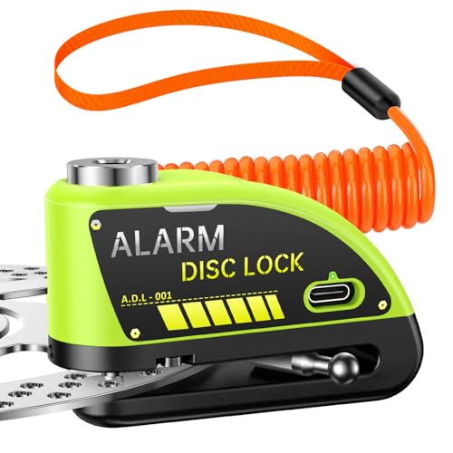 HAPYTHDA Motorrad Scheibenbremsenschloss wiederaufladbare Motorradschlösser Anti-Diebstahl mit 120dB Alarm,7mm Lock Pin Motorrad Bremse Helm Roller Radschloss, wasserdicht 5.9FT Reminder Kabel, Grün von HAPYTHDA