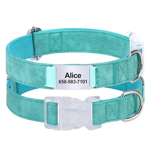 Benutzerdefinierte Verstellbare Weiche PU Leder-Hundetraining Halsband Personalisierte Anti-verlorene Chihuahua Mops Shiba Inu Kragen,Grün,L von HAQEPO