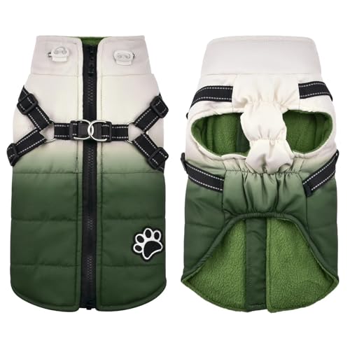Outdoor wasserdichte Französische Bulldog -Labrador -Mantel Mit Reißverschluss Winter Dicke Warme Baumwolltierjacke Mit Geschirr Mit Gurt,Grün,Xs von HAQEPO