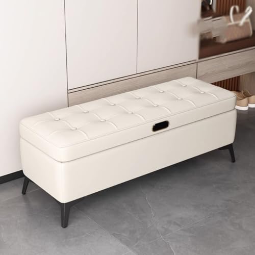 Aufbewahrungsbank, moderne Eingangsbank, gepolsterte Schlafzimmerbänke aus PU-Leder, Fußende der multifunktionalen Bettbank, Ottomane for das Fußende des Fußstützenhockers mit Metallbeinen(Beige,80cm) von HAQMG