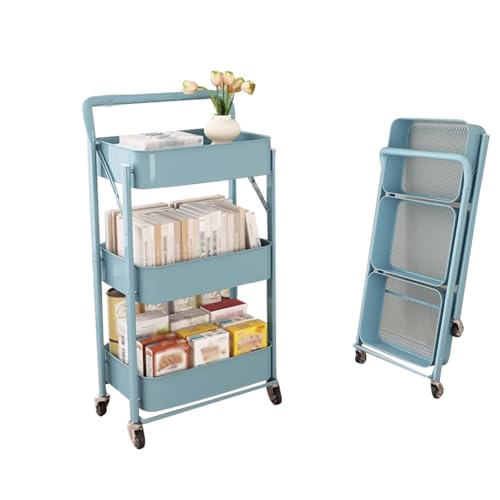Faltbarer 3-stufiger Rollwagen aus Metall mit feststellbaren Rädern, zusammenklappbarer mobiler Multifunktions-Aufbewahrungswagen, Organizer-Wagen for das Büro zu Hause, die Bibliothek(Blauw) von HAQMG