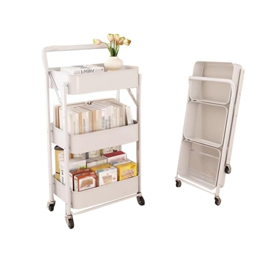 Faltbarer 3-stufiger Rollwagen aus Metall mit feststellbaren Rädern, zusammenklappbarer mobiler Multifunktions-Aufbewahrungswagen, Organizer-Wagen for das Büro zu Hause, die Bibliothek(White) von HAQMG