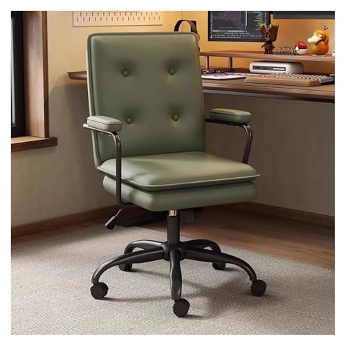HAQMG Büro-Computerstuhl aus Leder mit gepolsterten Armlehnen, Chef-Computerstuhl aus Leder mit mittlerer Rückenlehne, Mid-Century-Stühle for das Home Office(Groen,Black Legs) von HAQMG