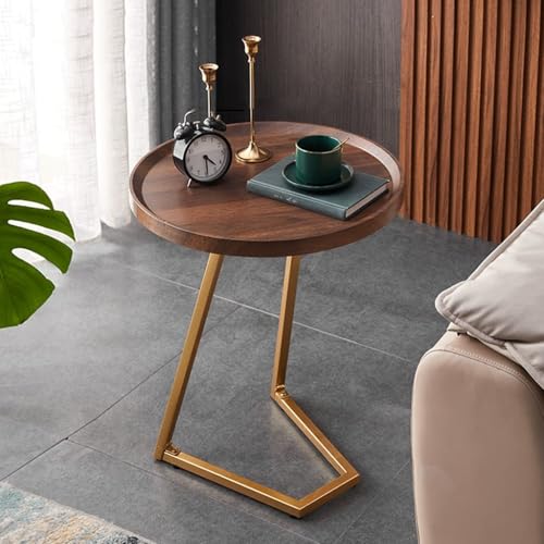 HAQMG C-förmiger Sofatisch for Couchsessel, Untersofatisch for Getränke, Snacks, Kaffee, Kleiner runder Beistelltisch for das Wohnzimmer(Walnut,Gold) von HAQMG