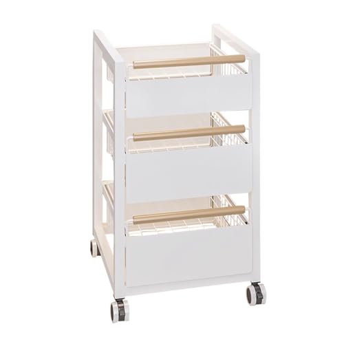 HAQMG Rollwagen mit 3 Ebenen, Aufbewahrungswagen aus Metall mit Griff und feststellbaren Rädern, multifunktionaler Aufbewahrungswagen mit Netzkörben for Küche, Wohnzimmer, Büro(White) von HAQMG