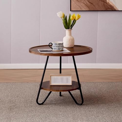 HAQMG Runder Beistelltisch, 2-stufiger Beistelltisch mit Ablage, Nachttisch-Akzenttisch for Wohnzimmer, Schlafzimmer und kleine Räume(Walnut) von HAQMG
