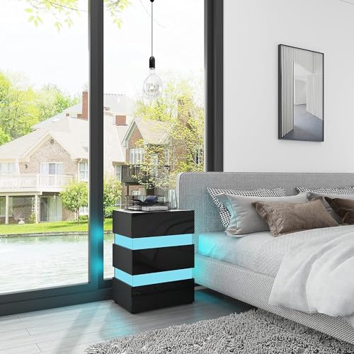 LED-Nachttisch mit Hochglanzfront und 3 Schubladen - Moderner Nachtschrank mit einstellbaren Farben für Schlafzimmer (Schwarz) von HARD GOLD