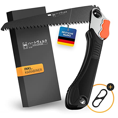 HARDTWERK Klappsäge ALPHA Astsäge mit Safety Lock (210mm) für Garten, Outdoor, Bushcraft inkl. S-Karabiner, Handsäge Holz aus SK5 Karbonstahl - Allzweckklappende Handsägen - Garten Handsäge - Säge von HARDTWERK