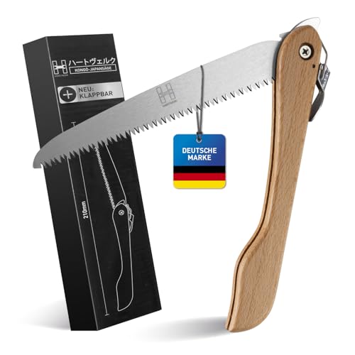 HARDTWERK Klappsäge ALPHA mit Bambus griff (210 mm) für Garten, Outdoor, Bushcraft inkl. S-Karabiner, Handsäge Holz aus SK5 Karbonstahl, Allzweckklappende Handsägen, Garten Handsäge mit Safety Lock von HARDTWERK