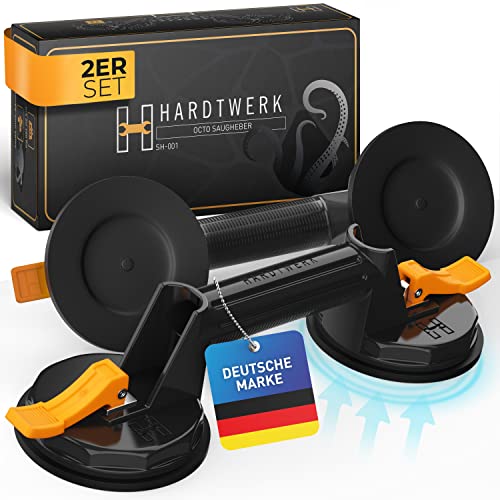 HARDTWERK Multifunktionaler Saugheber (2er Set) Saugnapf 100 KG Tragkraft - Plattenheber & Glasheber mit ergonomischen & stabilen Griff - Saugheber Fliesen/Saugnäpfe/Glassauger Schwarz für Profis von HARDTWERK