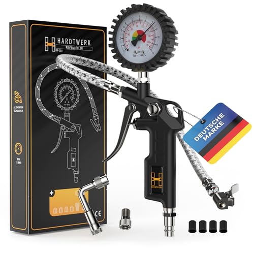 Hardtwerk® Reifenfüller Reifendruckprüfer Reifendruckmesser - Manometer-Messbereich: 0-12 bar - 304-Edelstahl Schlauch - Luftdruckprüfer für Auto, Motorrad, PKW, LKW Reifenfüll-Messgerät von HARDTWERK